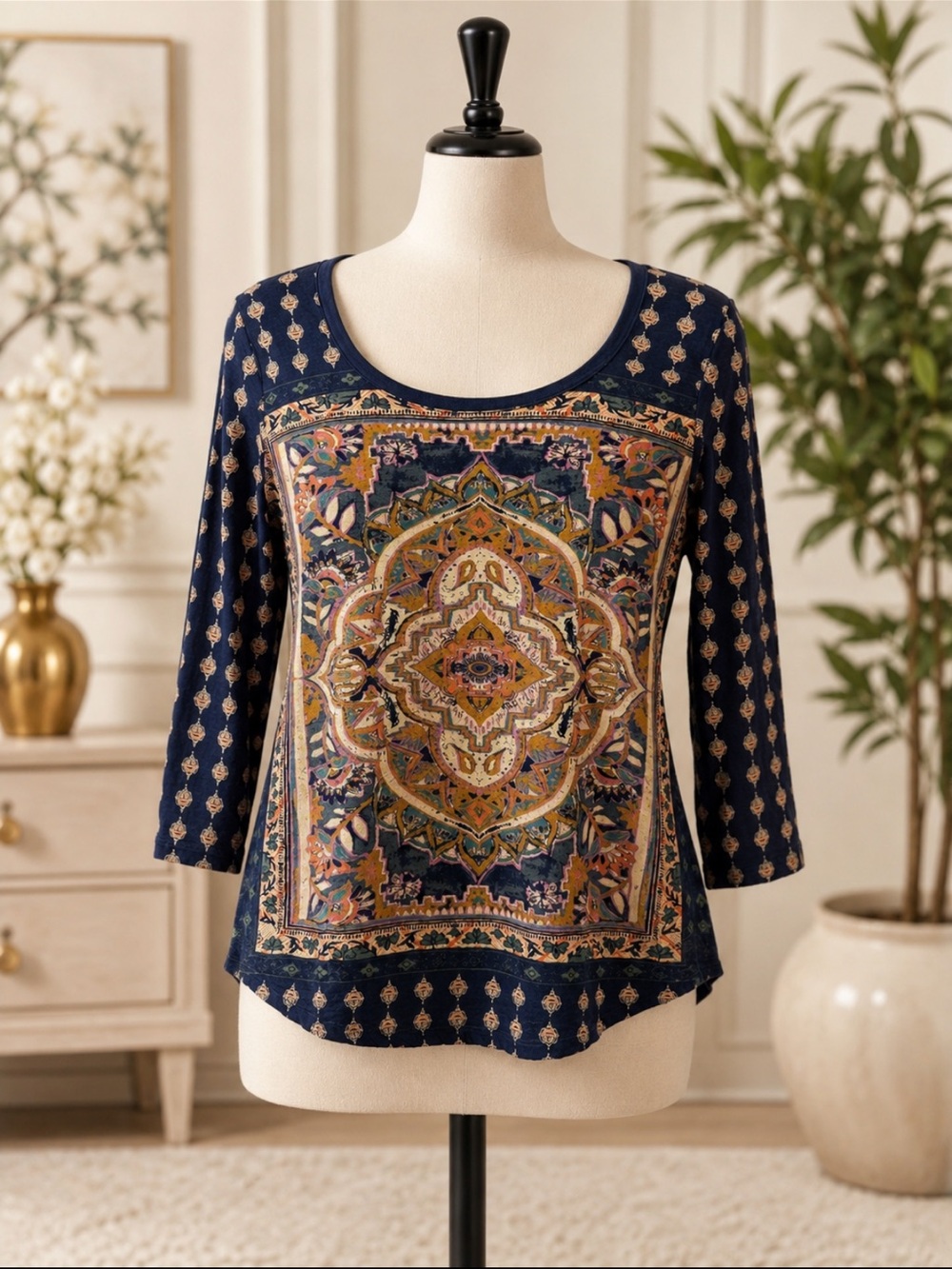 Lucky Brand Navy Multicolor Medallion Scoop Neck.